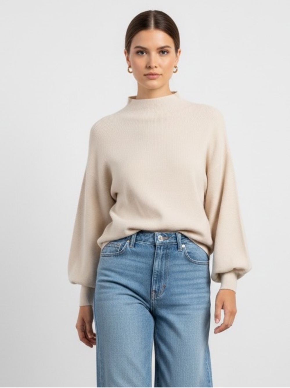 1644 • Cream Viscose Blend Rib Knit Balloon Sleeve So Soft Mock Neck Sweater Top